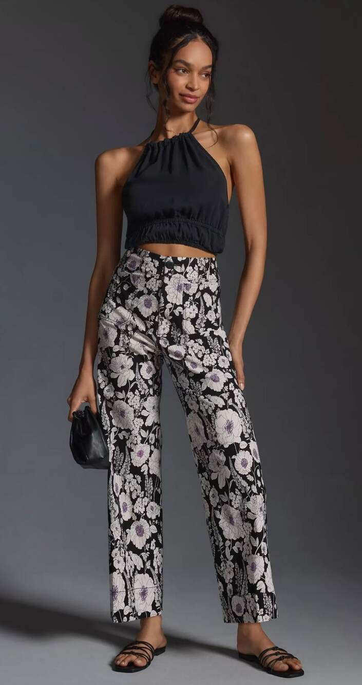 Anthropologie Maeve Colette High-Rise Wide-Leg Pants Black Floral Size 28 Petite